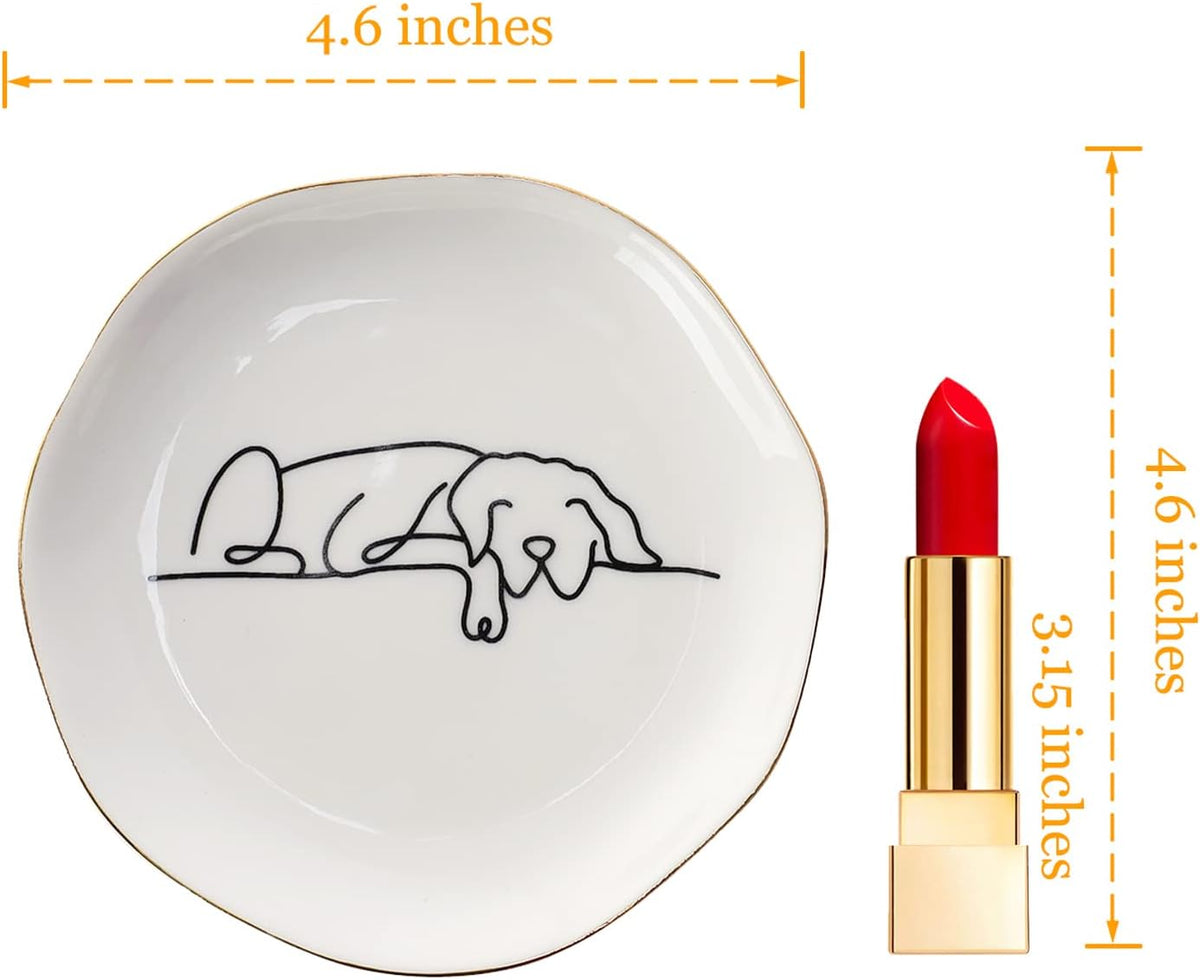 HOME SMILE Sleeping Dog Ring Dish Jewelry Tray, Christmas Gifts for Dog Mom, Ceramic White, 4"