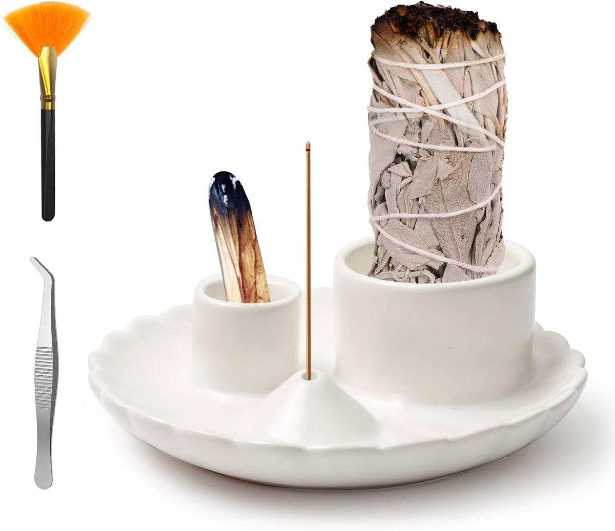 4 in 1 Incense Holder, Palo Santo Holder for Burning Sage, Sticks & Candle, Ceramic Incense Burner， 5.3" Ceramic Ash Catcher Tray for Meditation Room Home Decor