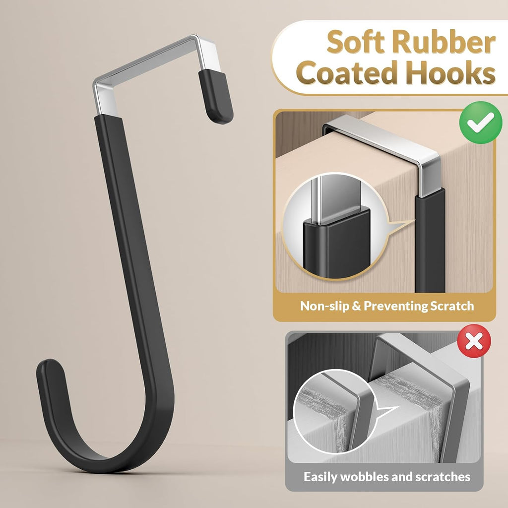 Over the Door Hooks, 4 Pack Heavy Door Hanger Organizer with Non-Slip Rubber, Over Door Hanger for Towels, Coats, Bags, Space Saving Door Coat Hanger for Living Room,Bathroom, Bedroom (Black, Short)