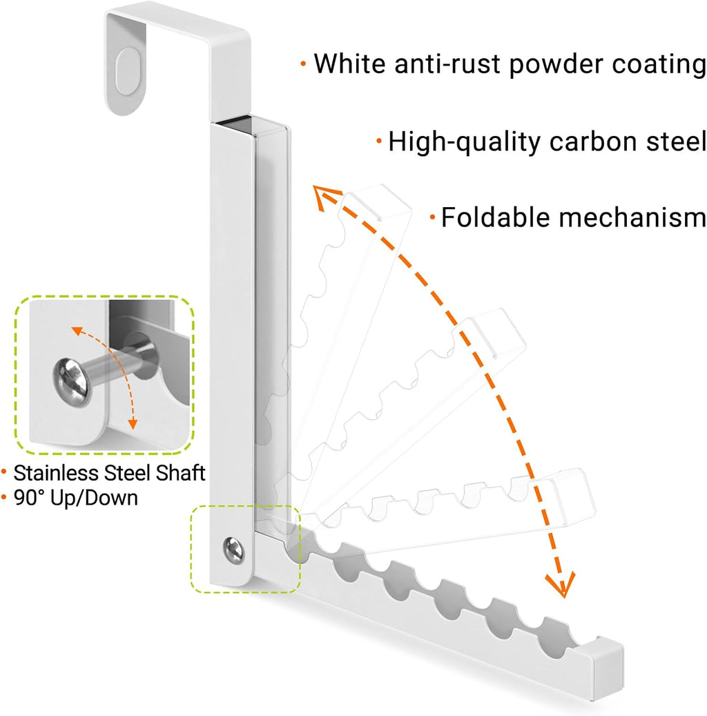 2 Pack Over The Door Hooks, 6 Hooks Foldable Door Hanger Clothes Drying Rack, Portable Space Saving Organizer for Entryway Bedroom Laundry Room Travel, White