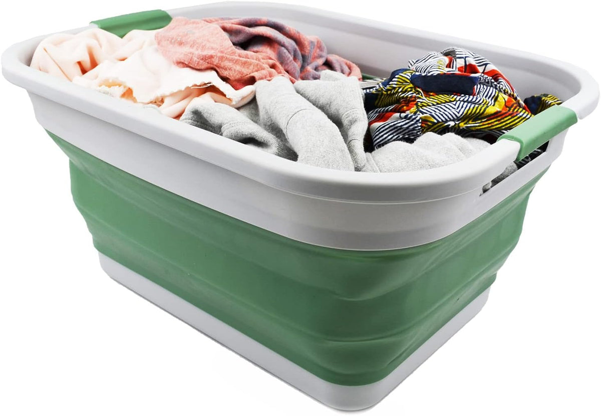 SAMMART 36L (9.5 gallon) Collapsible Plastic Laundry Basket - Foldable Pop Up Storage Container/Organizer - Portable Washing Tub - Space Saving Hamper/Basket (Grey/Dark Sea Green (Set of 2))