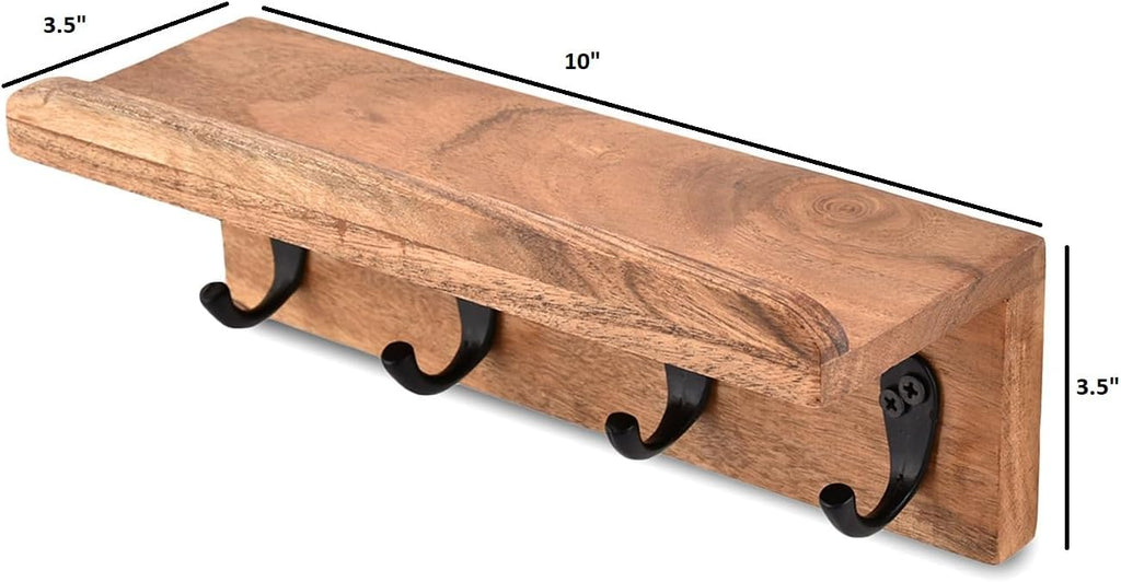 NIRMAN Acacia Wood Rustic Key Holder for Wall, Farmhouse Wall Shelf with 4 Hooks for Entryway Farmhouse Kitchen (10" x 3.5" x 3.5")