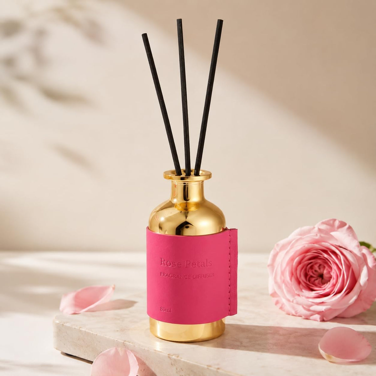 Reed Diffuser Set, Pretty Valley Home Diffuser 80Ml / 2.7 fl OZ Gift Box - Includes Reed Diffuser Sticks, Long Lasting Fragrance Oil and Glass Bottle for Office Living Room Decor (Rose Petals)
