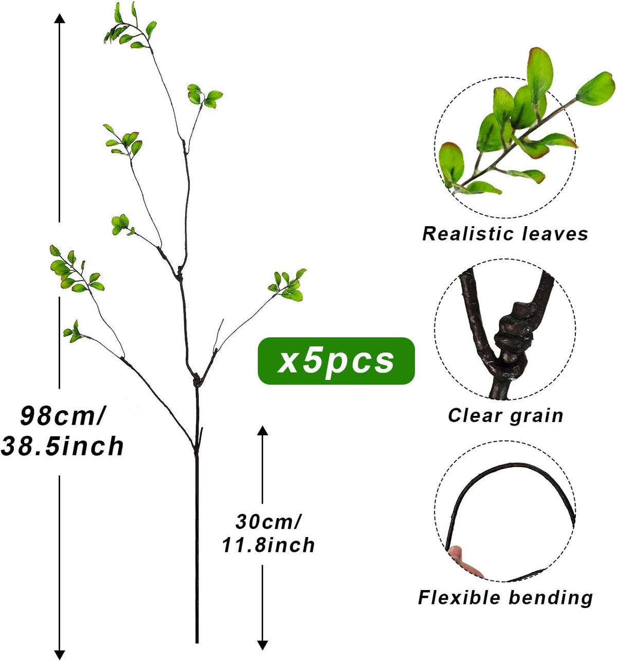 5 Pcs Artificial Ficus Branches for Vase, 38.5 Inch Faux Greenery Stems Realistic Flexible Faux Eucalyptus Stems Fake Plants for Office Home Tables Centerpieces Vase Filler Decoration