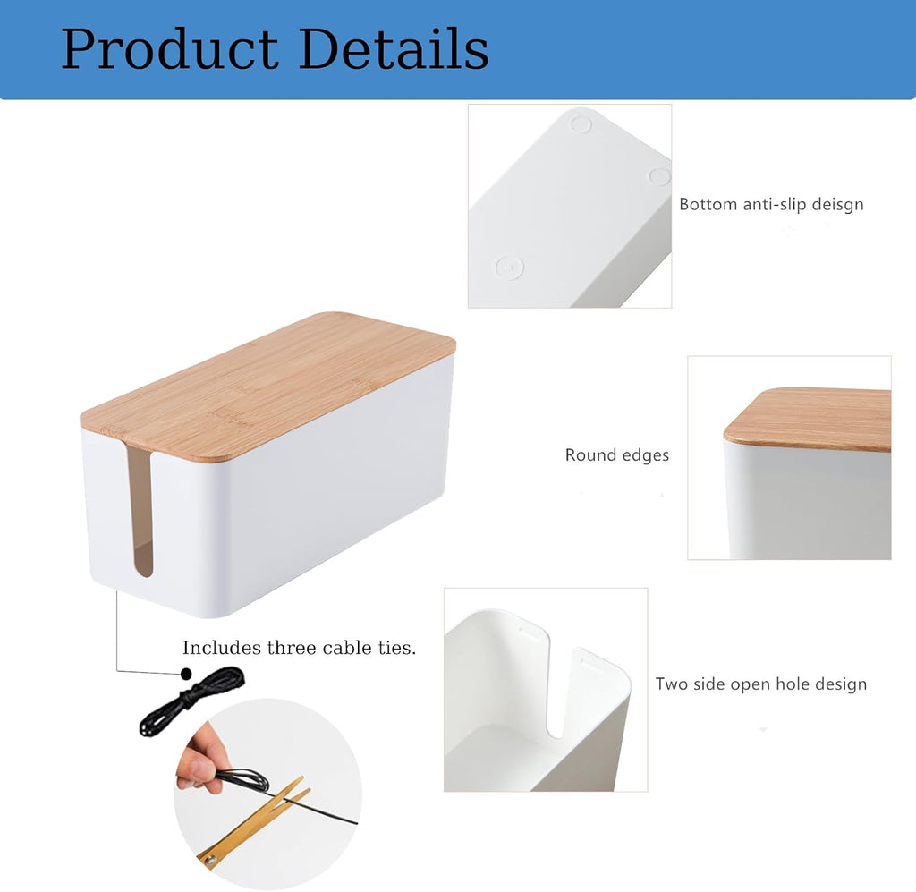Bamboo Lid Management Box Cord Organizer Box for Power Strips Router