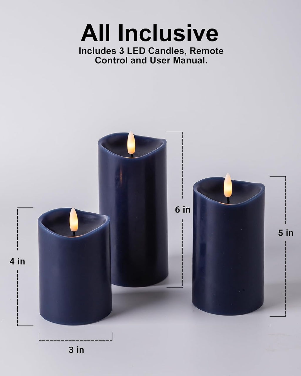 Navy Blue Real Wax Flameless Pillar Candles with Remote and Timer, Set of 3