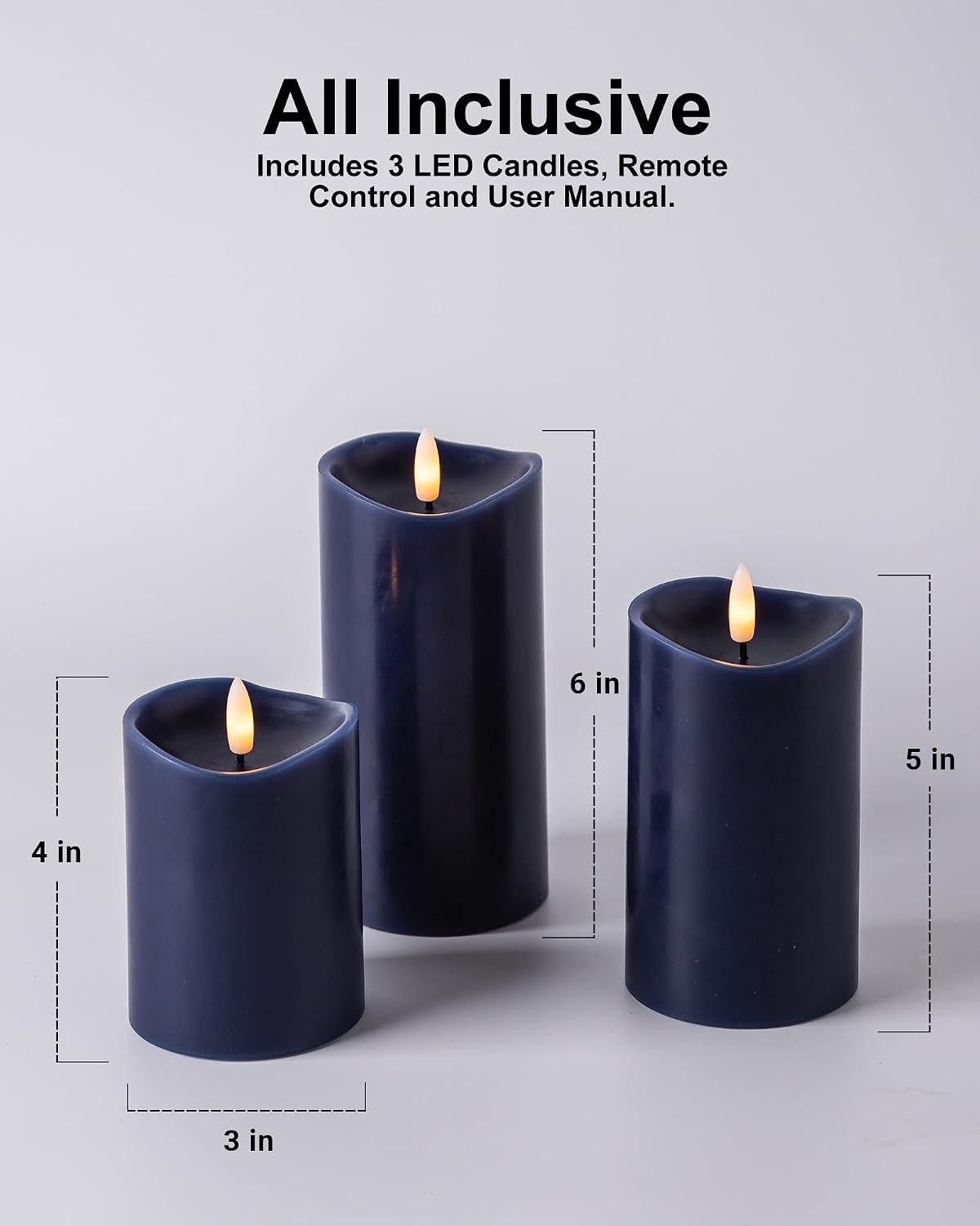 Navy Blue Real Wax Flameless Pillar Candles with Remote and Timer, Set of 3