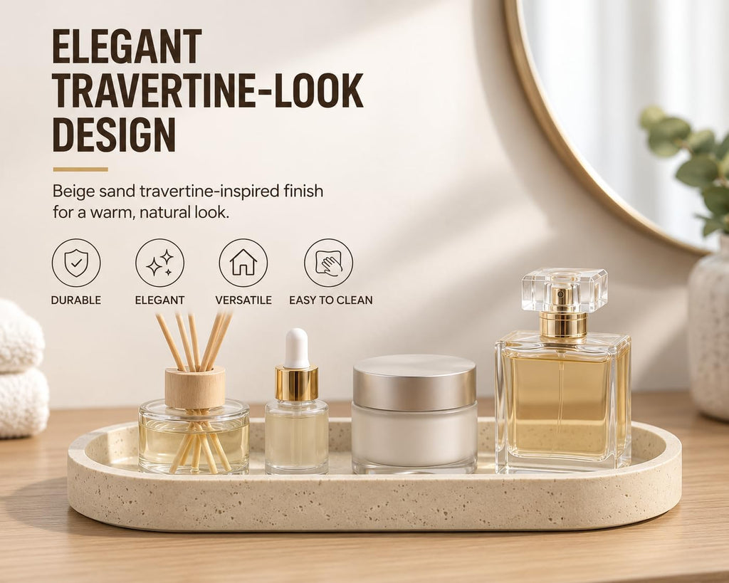 Clasin Home Vanity Tray for Bathroom Counter, Travertine-Look Decorative Tray for Perfume Jewelry Candle, Non-Slip Decor Organizer for Kitchen Countertop, Dresser, Coffee Table (11 x 4.9 Inch)
