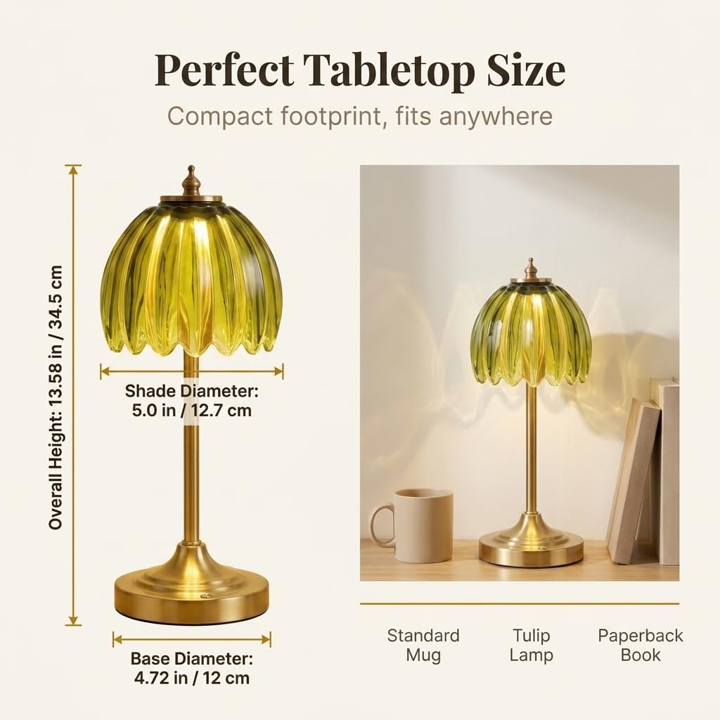 Tulip Glass Rechargeable Table Lamp, Cordless Vintage Table Light (Green)