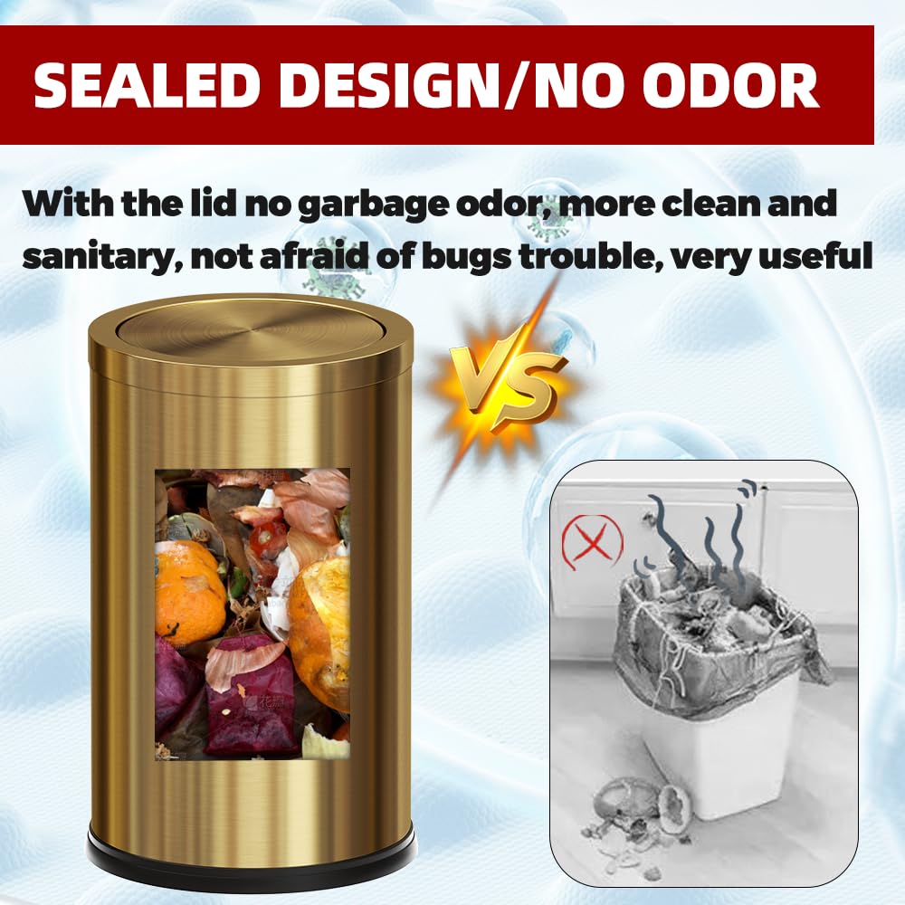 18L/4.7GAL Gold Bathroom Trash Can with Lid,Brass Garbage Can with Flipping Lid,Brushed Stainless Steel for Bedroom,Living Room,Office,Guest Room (4.7gal-Gold)
