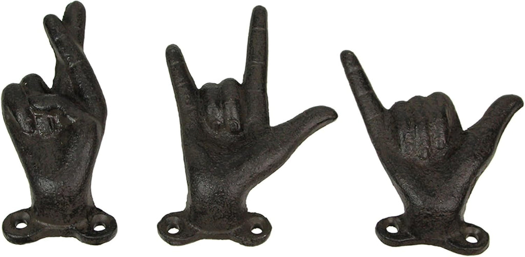 Zeckos Set of 3 Hand Gesture Wall Hooks, Brown Distressed Cast Iron, 4 Inch