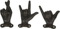 Zeckos Set of 3 Hand Gesture Wall Hooks, Brown Distressed Cast Iron, 4 Inch