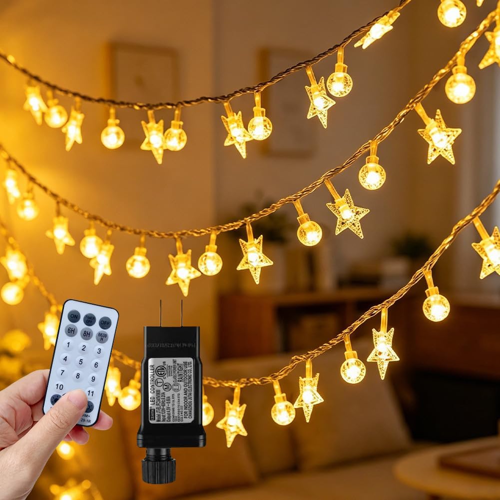 50 Star & 50 Globe String Lights with Remote for Indoor Bedroom Warm White