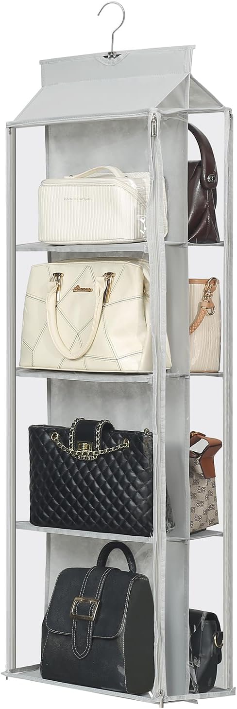 8 Grids in 1 Rotatable Hanging Purse Handbag Organizer with Double Zippers, Visible Purse Organizer for Closet, Fully Enclosed Handbag Storage Holder