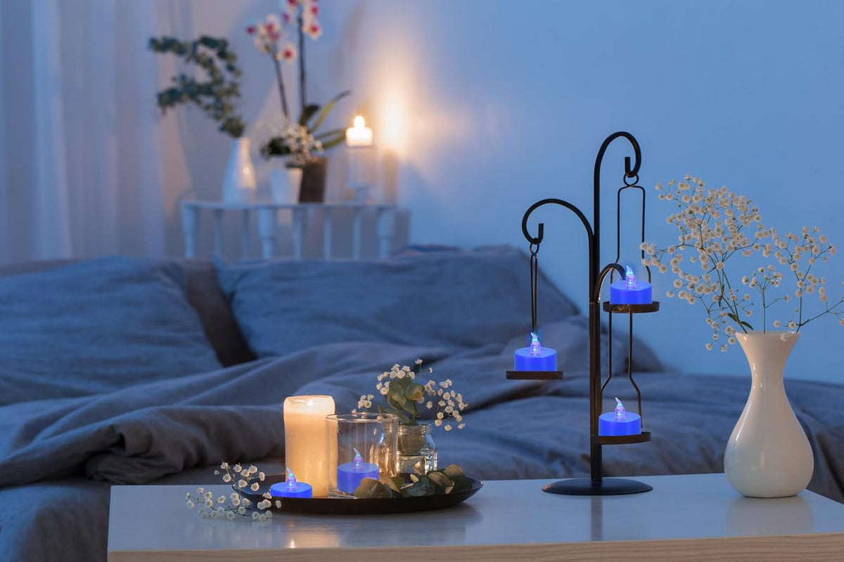 KOABY 12 Pack Blue Light Flameless Tea Lights, Blue Base, Last 100H