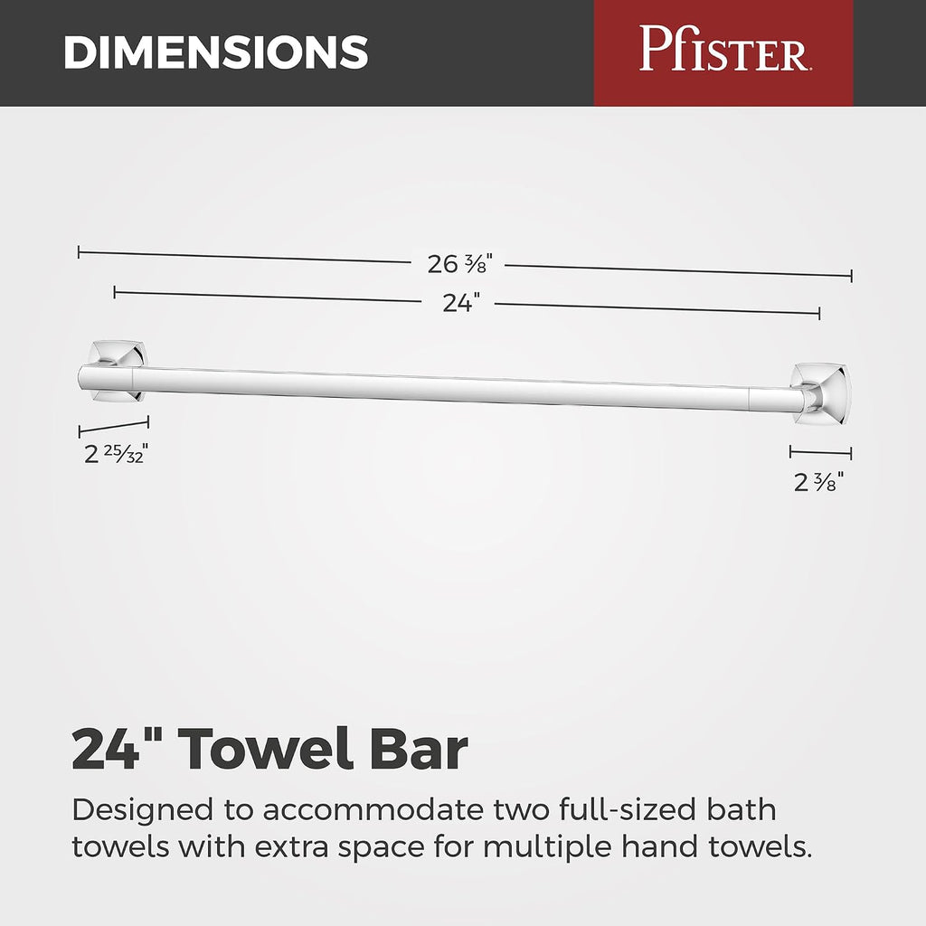 Pfister Vaneri Bath Towel Bar for Bathroom, 24-Inch, Wall-Mounted, Screw-in, Polished Chrome Finish, BTBVRI2C