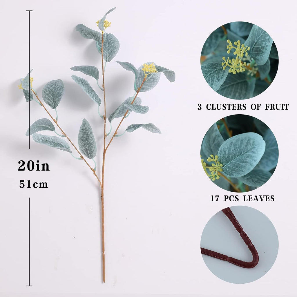 Sky Blue Artificial Eucalyptus Stems, 12Pcs 20" Branches with Beige Berries