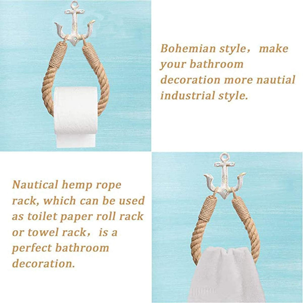 2 Pcs Nautical Rope Toilet Paper Holder Wall-Mounted Towel Ring Nautical Toilet Paper Holder with Metal Hooks Coastal Towel Rack Natural Antique Rope(White+White)