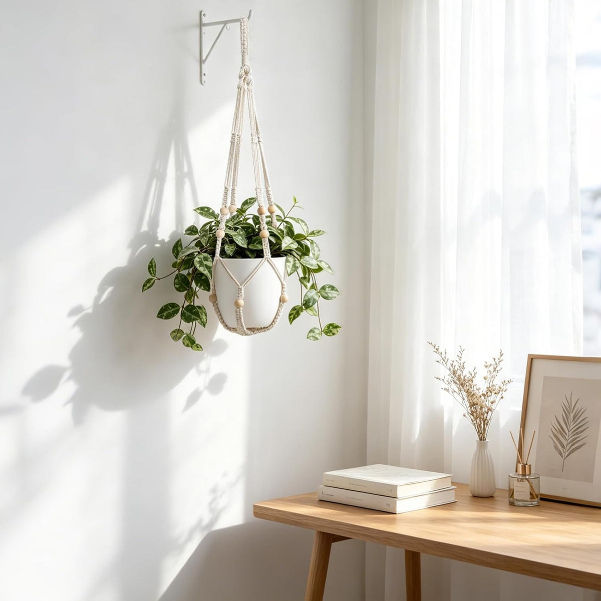 Mkono Macrame Plant Hanger Indoor, 29 Inch Hanging Planter Holder Ivory