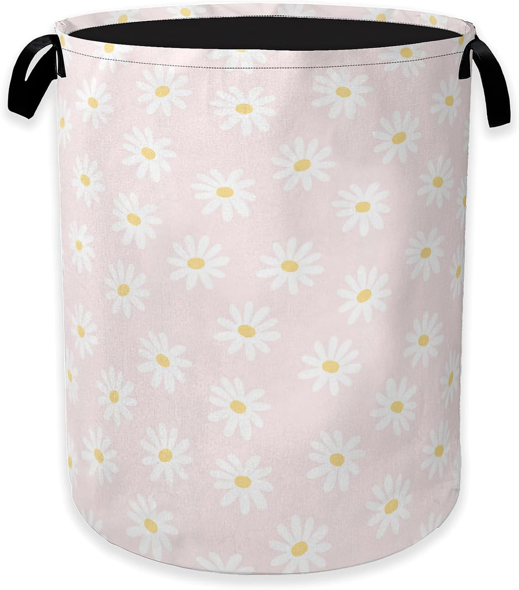 Pink Daisy Flower Laundry Hamper,Spring Floral Clothes Hamper for Laundry,Waterproof Oxford Toy Storage Collapsible Hampers for Bedroom, Dorm Room,Bathroom,16x20 Inch