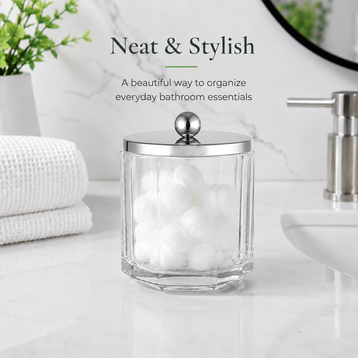 Clear Transparent Apothecary Octagional Shaped Glass Canister Jar With Silver/Chrome Metal Lid Cover for Bathroom Organization, Cotton Balls, Q Tips, and Small Accessories, Bath Storage