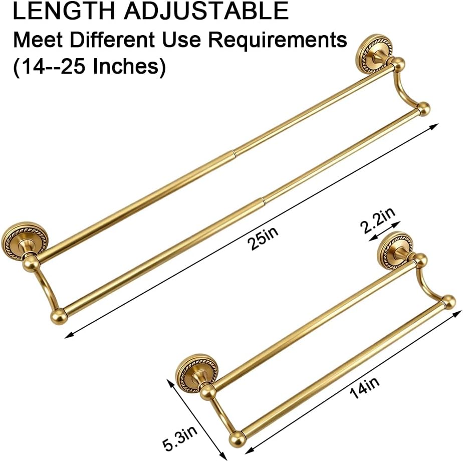 Adjustable GoldDouble Towel Bar, Antique Brass Wall Mount Towel Rack | Fits 16.4 to 27.8 Inch Wall Space, Heavy Duty Rustproof Towel Holder for Bathroom & Kitchen