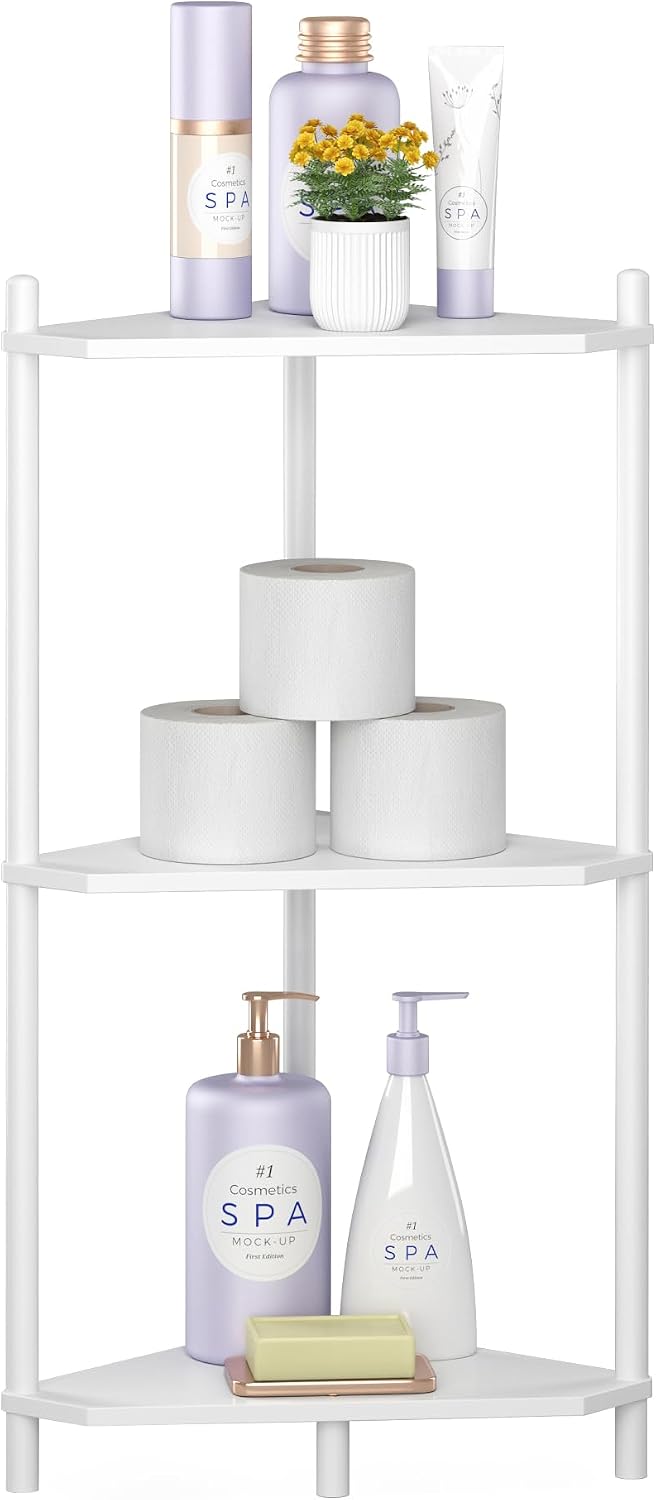 Wisuce White Small Corner Shelf Stand, 3-Tier Bamboo Corner Bookshelf