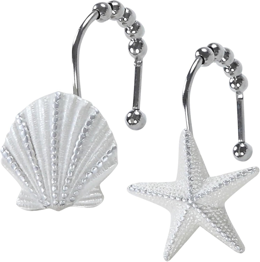 Coastal Seashell Shower Curtain Hooks, Under the Sea Beach Starfish Bathroom Shower Curtain Hooks Rust Proof, 5 Roller Ring Balls White Decorative Shower Hooks for Shower Curtain, Set of 12