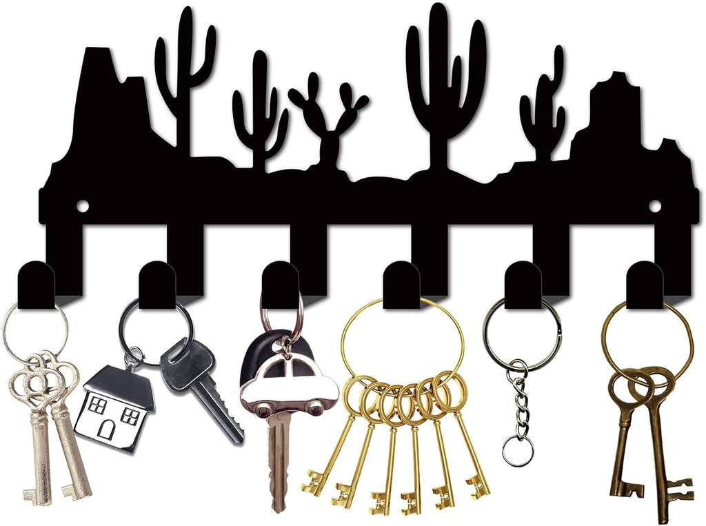 CREATCABIN Cactus Black Metal Wall Mounted Key Hooks Holder with 6 Hooks - Key Hanger Organizer Rack Wall Decor for Entryway Front Door Hallway 10.6x6.3Inch