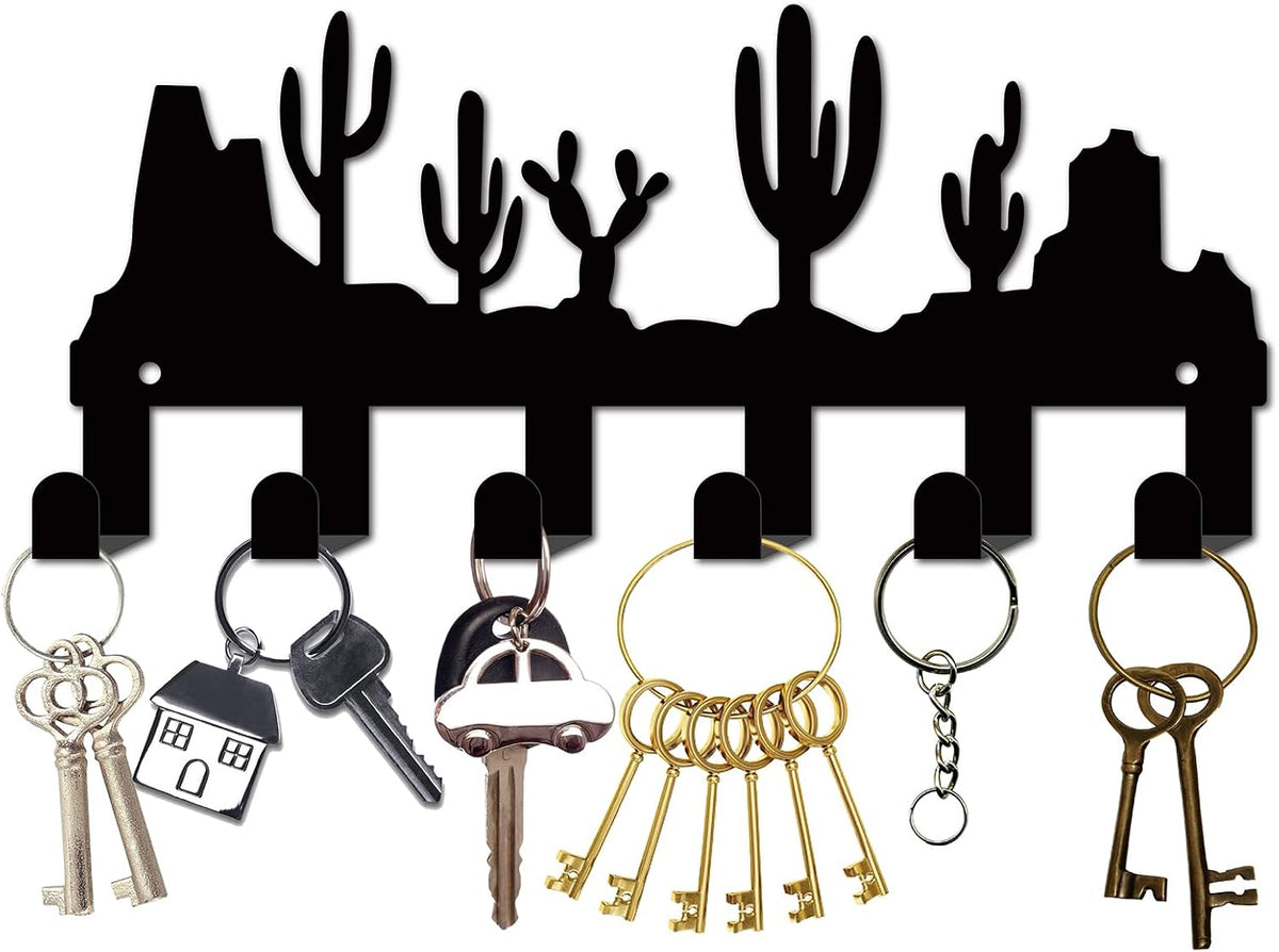 CREATCABIN Cactus Black Metal Wall Mounted Key Hooks Holder with 6 Hooks - Key Hanger Organizer Rack Wall Decor for Entryway Front Door Hallway 10.6x6.3Inch