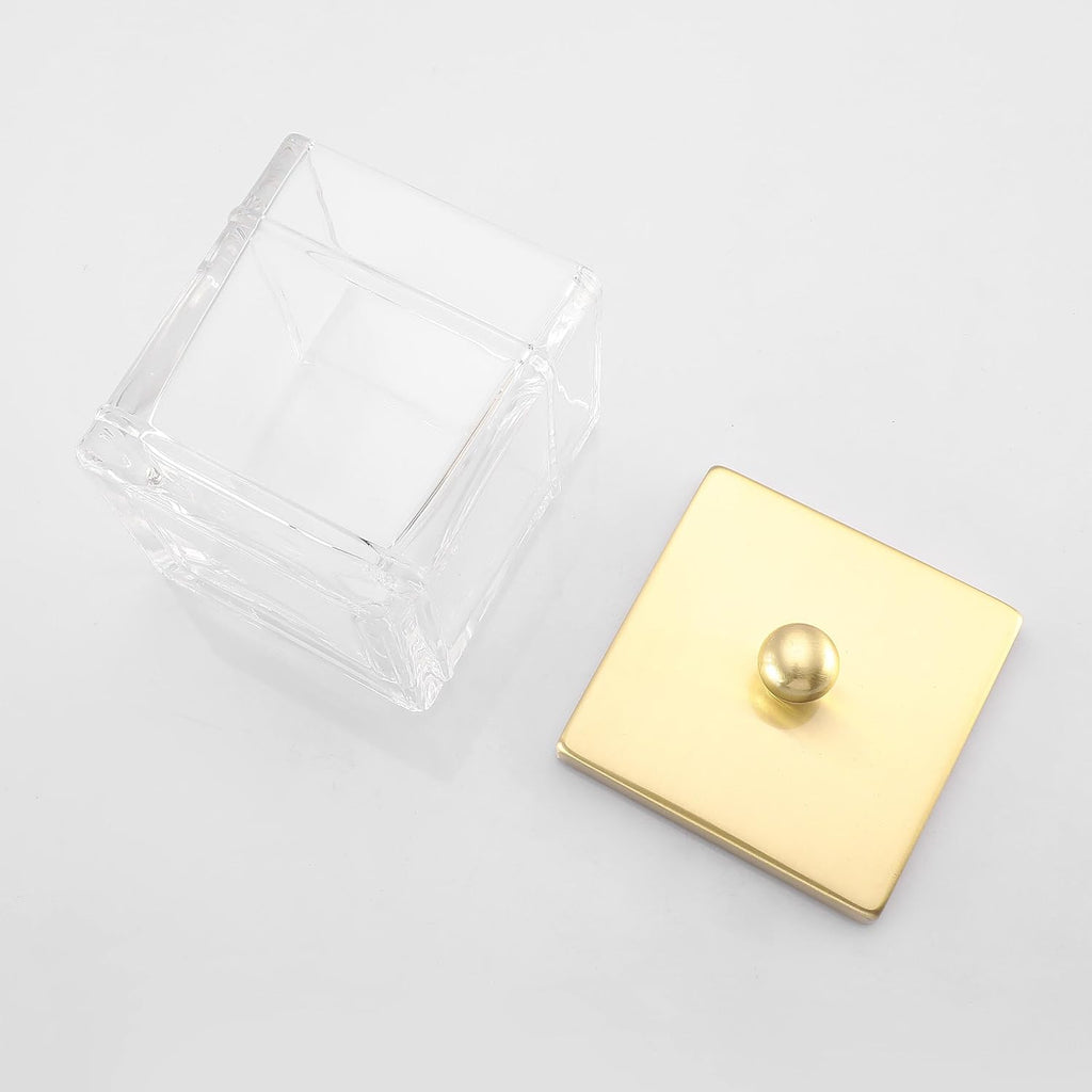 Glass Cotton Jar Holder 2 Pack– Brushed Gold Lid, Elegant Bathroom Storage Canister for Qtips, Cotton Balls, Floss, Makeup Organizer, Vanity & Bathroom Organization