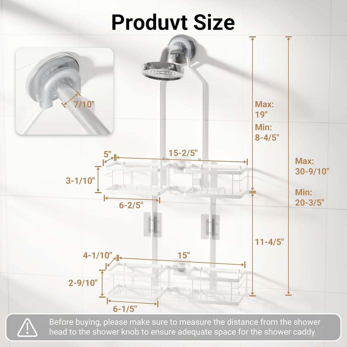 Adjustable Shower Caddy Hanging Rustproof Shower Caddy for Handheld Showerheads, Shower Organizer with Hooks Soap Holder, Anti-Swing Shower Rack Bathroom Accessories (White)