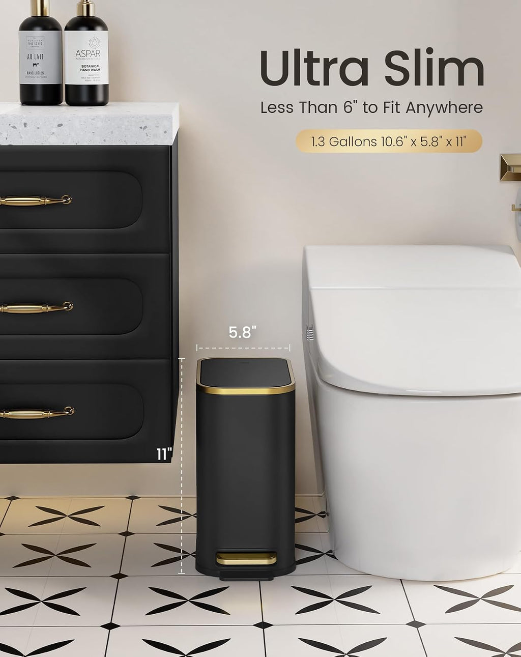 Cesun Small Bathroom Trash Can with Gold Grimmed Lid & Pedal, 1.3Gal, Black