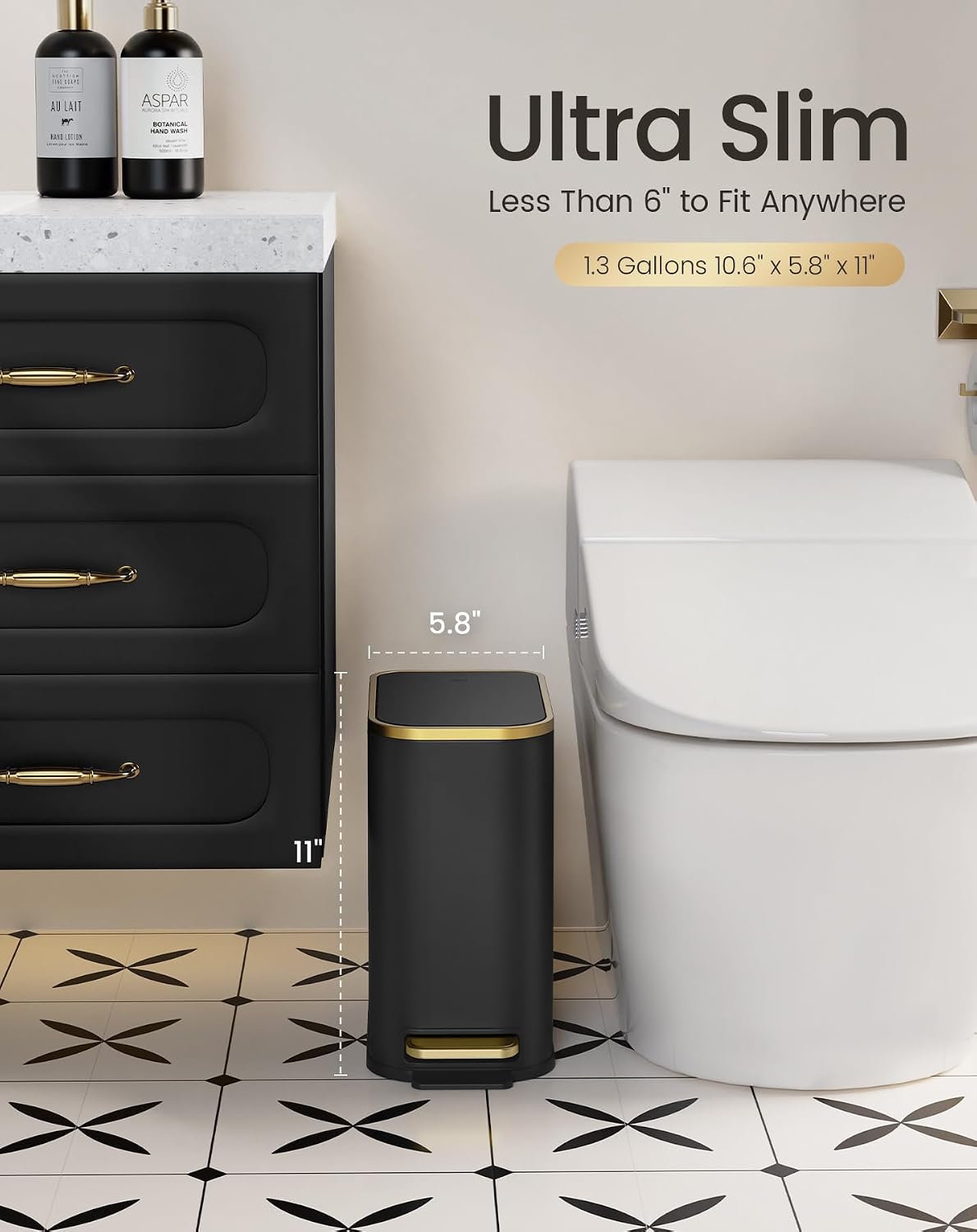 Cesun Small Bathroom Trash Can with Gold Grimmed Lid & Pedal, 1.3Gal, Black