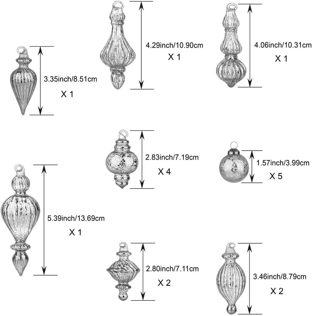 Christmas Ball Ornaments Mercury Glass Drop Ornaments Holiday Trees Wreaths & Garland Decor Silver Color Size: 1.57''-5.39''(17 Pieces)