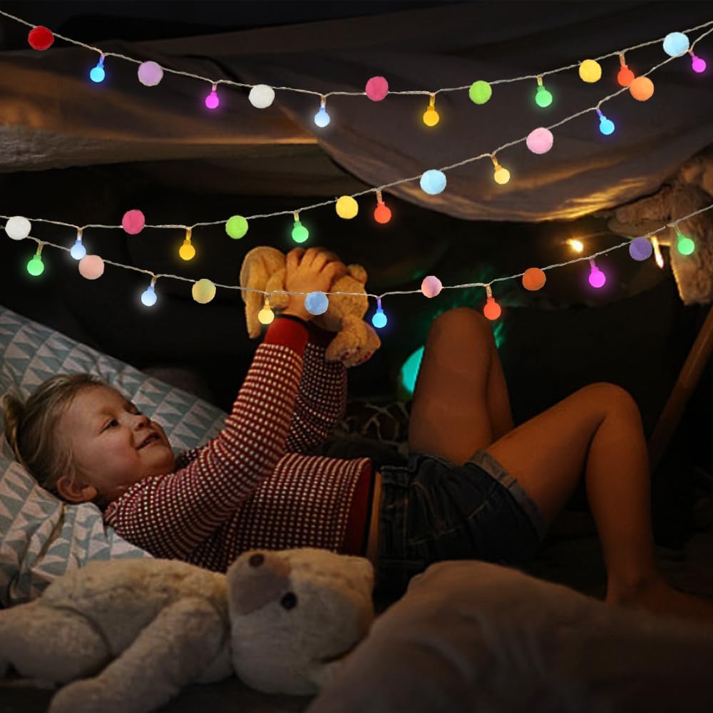 ChiRee 9.85FT String Lights with 20 Cute Pompoms 20 Colorful Ball LED Indoor String Lights Battery Operated with Timer for Home Bedroom Kids Playhouse Birthday Wedding Party Holiday Christmas