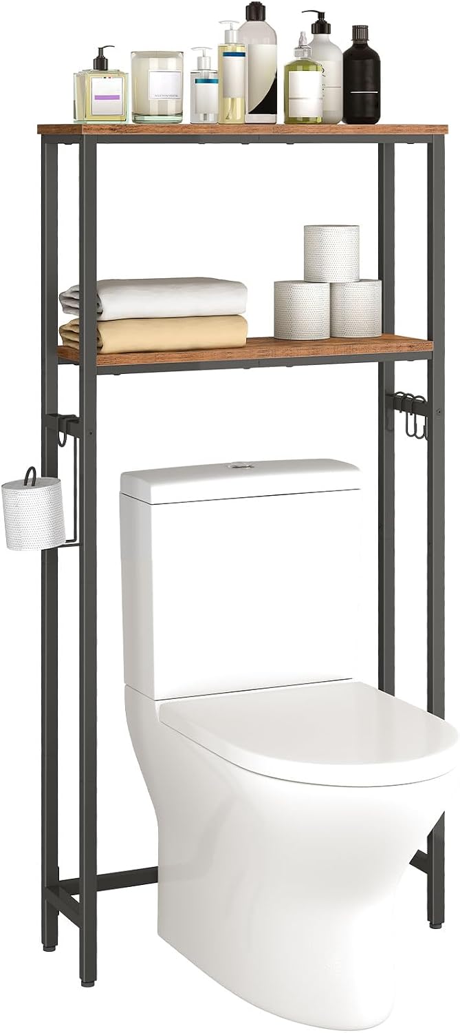 HOOBRO Over The Toilet Storage, 2-Tier freestanding Over the Toilet Storage, Bathroom Organizer Over Toilet with Toilet Paper Holder and Hooks, Space Saver for Room, Rustic Brown and Black BF49TS01