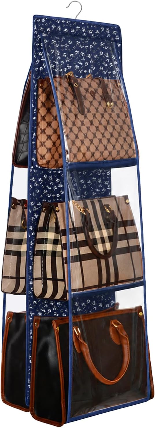 Lirex Medium and Large Handbag Hanging Purse Storage Organizer, Oxford Cloth Closet for Bedroom, Foldable and Universal Fit, Blue White Floral