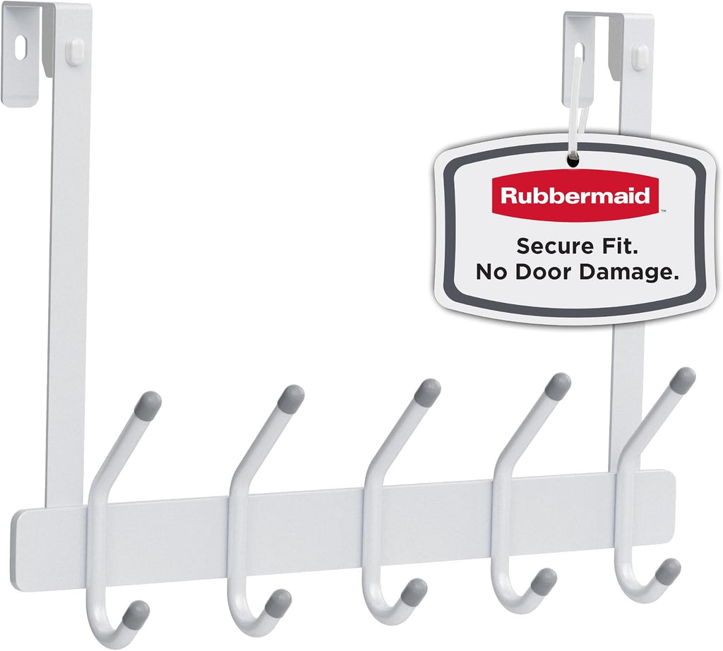 Rubbermaid Over the Door Hook Rack with 5 Double Hooks, No Drill Needed, for Towels, Robes, Hanging Accessories in Bathroom, Bedroom, Closet, Dorm, White