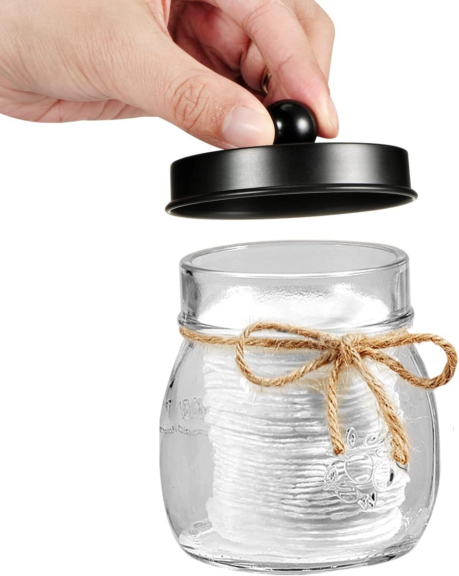 Amolliar Glass Mason Jar Qtip Dispenser Holder/Black, 2 Pack