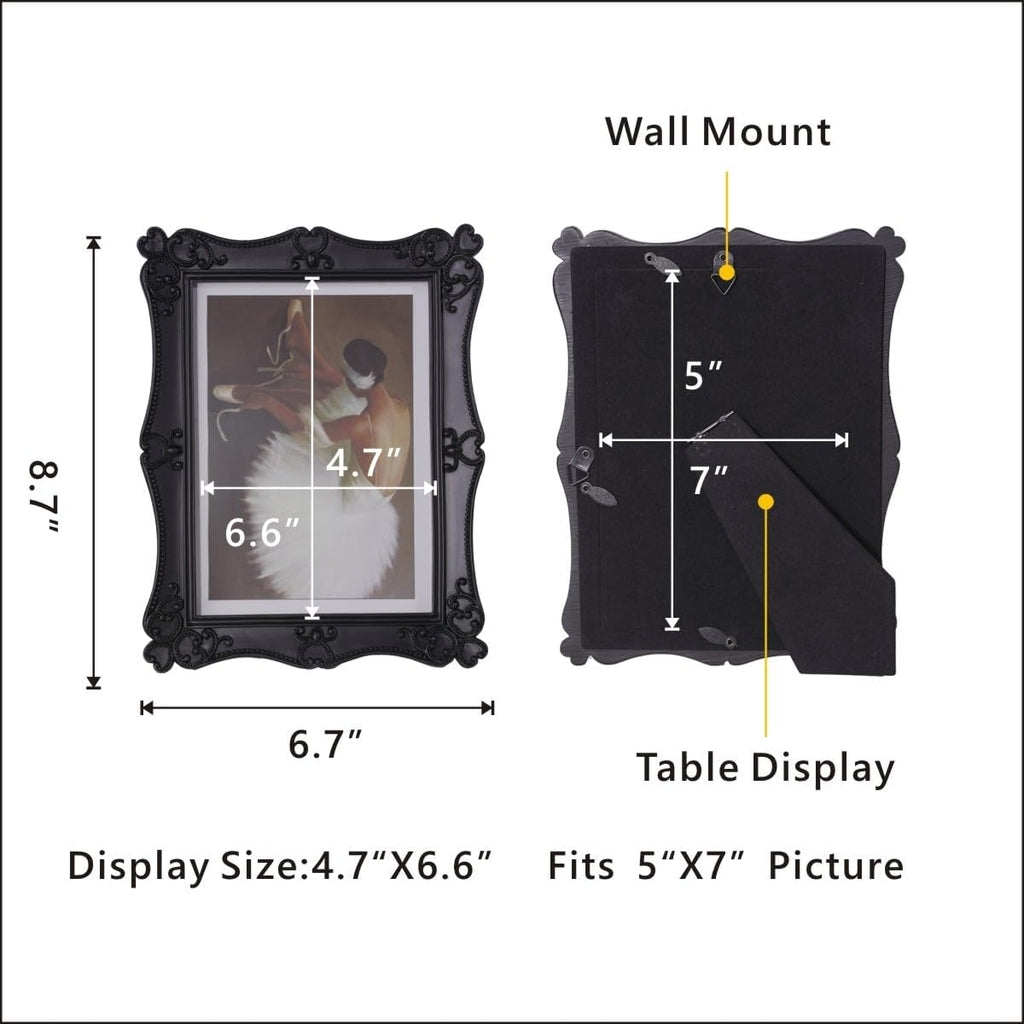 Vintage Picture Frame,Antique Style,Old-Fashioned,Square/Oblong Shape,Floral ReliefWall and Tabletop Victorian Frame,Gothic Look(Black, 5X7)