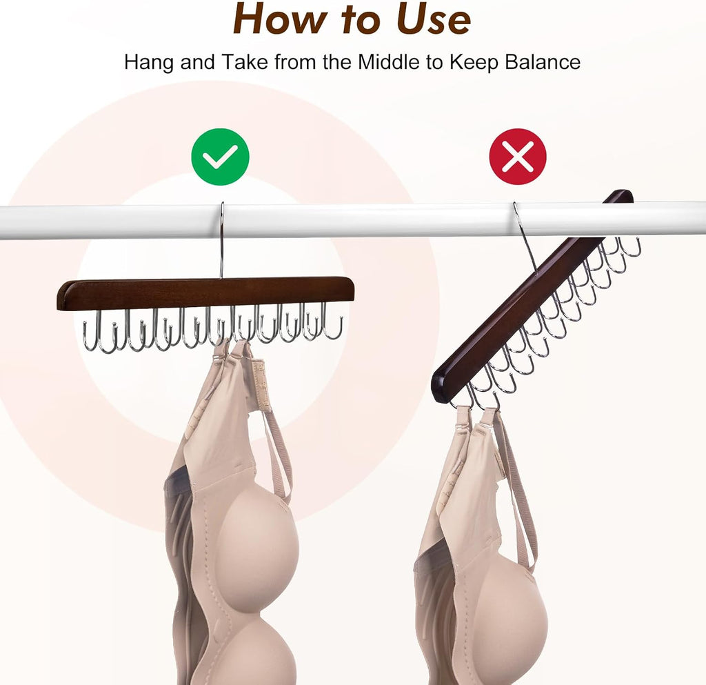 HOUSE DAY Belt Hanger for Closet 1 Pack, 20 Hooks Bra/Tie/Tank Top Hanger, Space Saving Hangers Storage Max 20 Belts/Ties, Sturdy Wooden Belt Rack Closet Accessories
