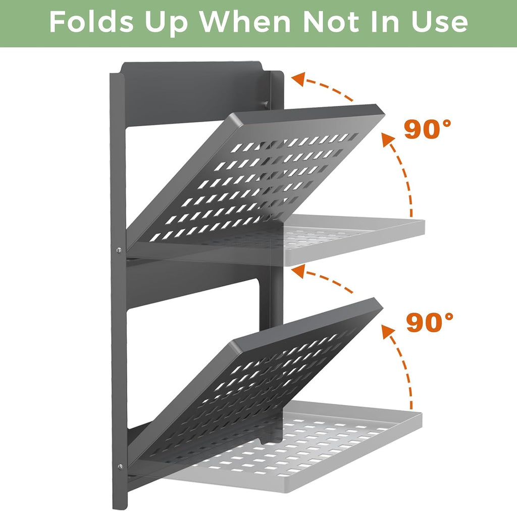 2-Tier Folding Metal Shelf Wall Mounted | Small Foldable Wall Shelf | Dorp Down | Combined Stackable | Double Layer Small Floating Shelf for Laundry Room Bathroom Utility RV | 13.4" (Black)