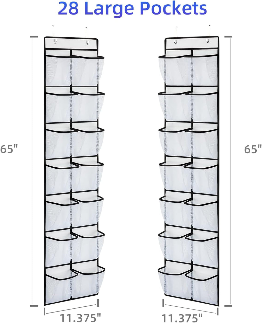 KEEPJOY Over the Door Shoe Organizer, Hanging Shoe Organizer with 4 Hooks, Shoe Holder with 14 Mesh Pockets Closet Door Shoe Storage Bag (White-2Pack)