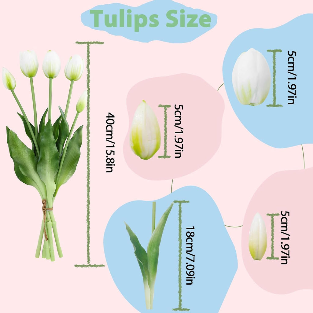 15 Pcs White-Light Pink-Light Purple Artificial Tulips Fake Flowers, Premium Latex Lifelike Texture, UV Resistant Waterproof Faux Tulip Bouquets with Snap-on Petals for Outdoor, Home, Wedding Decor