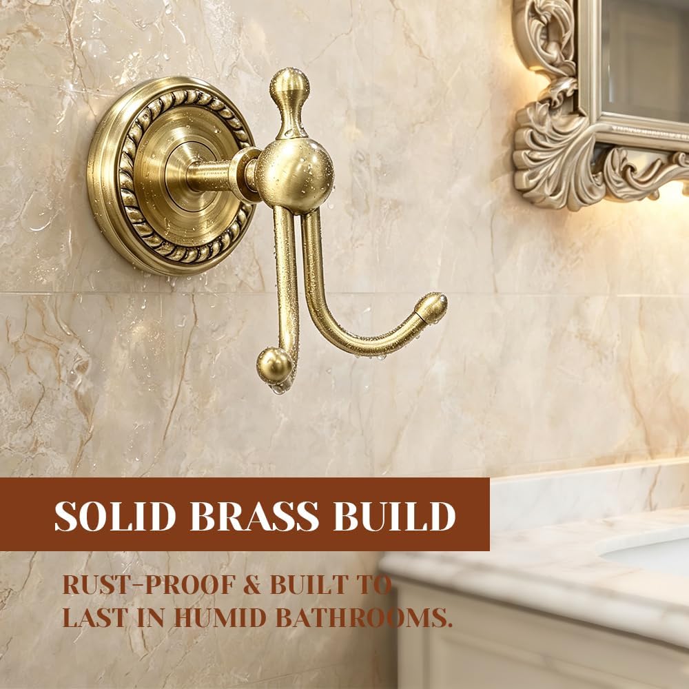 2 Pack Antique Brass Towel Hook Vintage Gold Brass Wall Hook Wall Mounted Hanger Bathroom Accessories for Coat Purse Decoration Clothing Robe Kitchen Bedroom