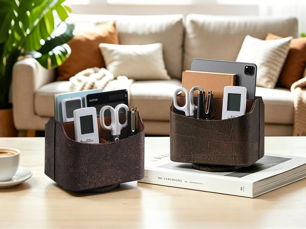 PU Leather Remote Control Holder, 360 Degree Rotating Desk Organizer Luxury Desktop Storage Rack, Rotating Bedside Storage Box for Desktop Office Living Room Bedroom (Brown Grape Pattern)