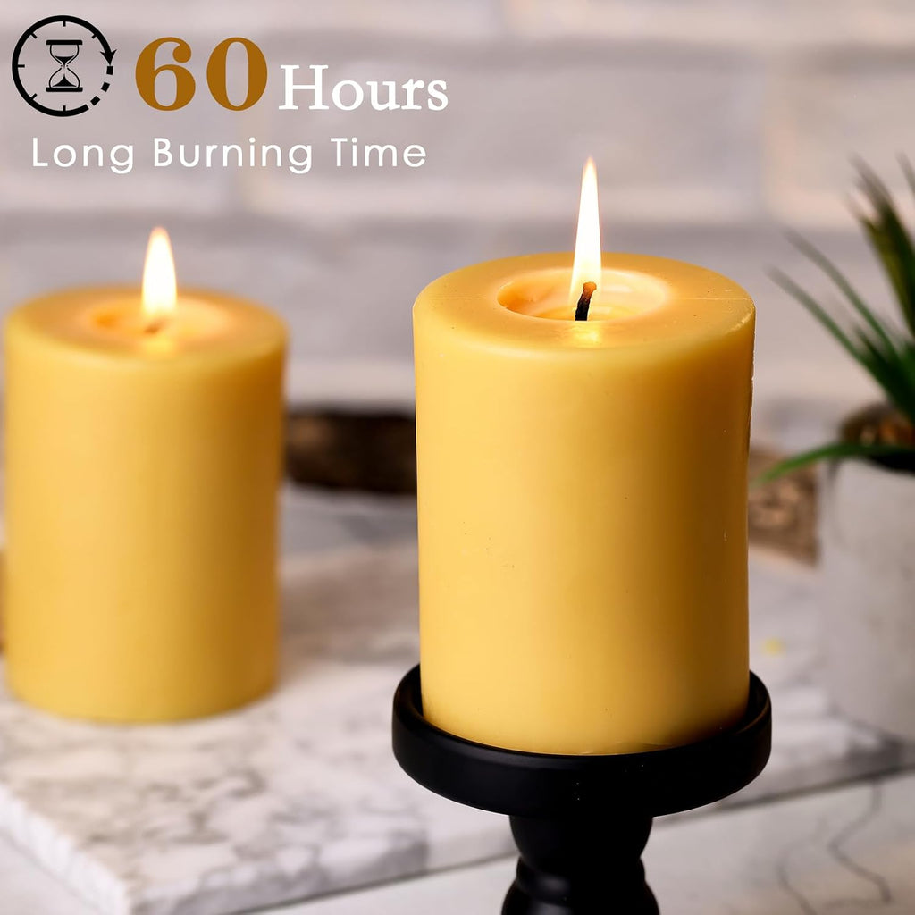 Beeswax Pillar Candles 3x4 Inch 2 Pack, Unscented Bee Wax