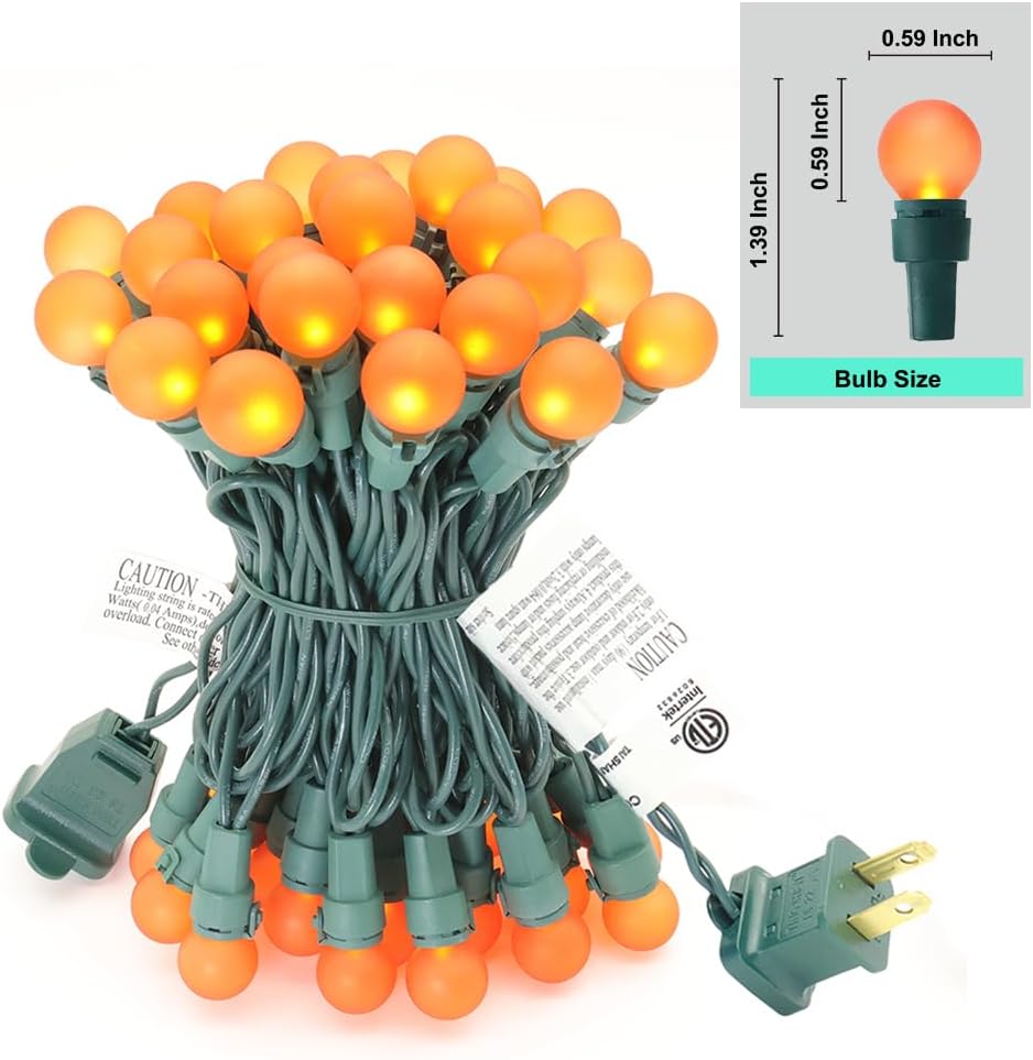 Orange Halloween Lights G15 Glass Frosted Globe Lights 50 LED 13.5ft Plug in Waterproof Extendable Christmas String Lights for Indoor Outdoor Halloween Tree Thanksgiving Holiday Decor