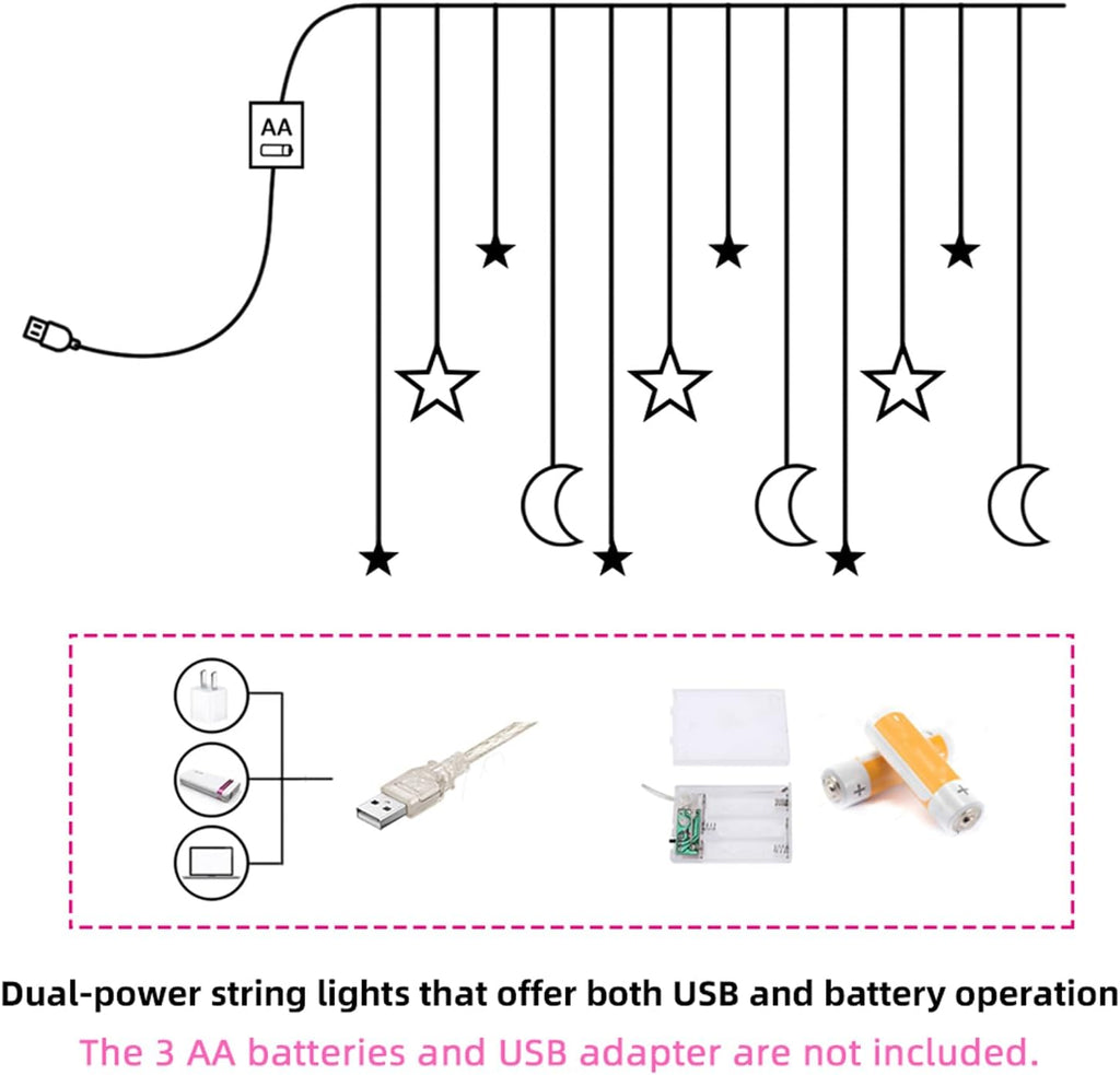 Moon and Stars Decor Curtain Lights, 11.5ft String Lights for Bedroom, Christmas, Ramadan Decor, Indoor LED Fairy Twinkle Light, Battery Operated or USB Plug-in (Warm Yellow)